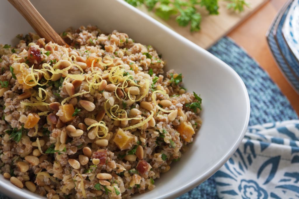 Red Lentil Salad With Dried Fruit & Toasted Pine Nuts